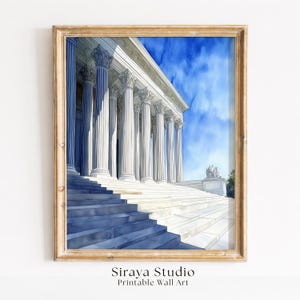 May include: A framed watercolor print depicting a neoclassical building with tall white columns and wide stone steps leading up to the entrance. The scene features a vibrant blue sky and deep blue shadows on the stairs, all encased in a wooden frame.