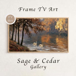 Samsung Frame TV Art, Autumn Lake Swans, Vintage Fall Landscape (Digital Download) 684