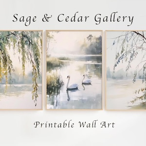 Könnte beinhalten: Ein Triptychon aus Wandkunst-Drucken im Aquarellstil mit dem Text Sage & Cedar Gallery. Die linken und rechten Paneele zeigen Weidenzweige über Wasser, während das mittlere Paneel zwei weiße Schwäne auf einem nebligen See darstellt.