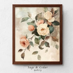 Romantic Watercolor Rose Print, Vintage Botanical Wall Art (Digital Download) 304