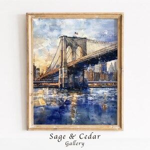 Brooklyn Bridge Watercolor Cityscape, Dramatic Urban Art Print (Digital Download) 423
