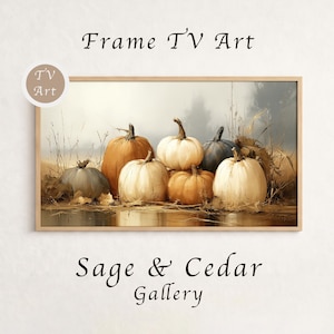 Könnte beinhalten: Ein rechteckiges gerahmtes digitales Kunstwerk mit dem Titel Frame TV Art von Sage & Cedar Gallery. Das Bild zeigt eine Ansammlung von Kürbissen in Orange-, Weiß- und gedämpften Blautönen, die in einem Feld mit trockenem Gras unter einem weichen, dunstigen Himmel liegen.