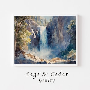 Könnte beinhalten: Ein Aquarellgemälde, das einen Wasserfall zeigt, der eine felsige Klippe hinabstürzt, umgeben von Bäumen und Laub. Die Szene zeigt Blau-, Grün- und Brauntöne. Unter dem Kunstwerk steht der Text Sage & Cedar Gallery.