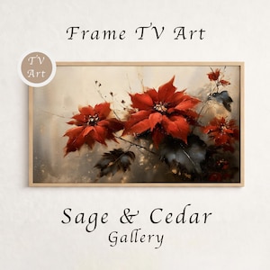 Könnte beinhalten: Ein rechteckiges digitales Kunstwerk für einen Fernsehbildschirm mit leuchtend roten Weihnachtssternen und dunkelgrünen Blättern vor einem neutralen Hintergrund. Der Text Frame TV Art und Sage & Cedar Gallery ist zu sehen.
