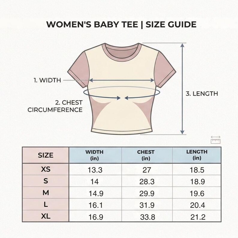 May include: A baby tee size guide with measurements in inches. The guide includes a diagram of the shirt with labeled dimensions for width, chest circumference, and length. Sizes range from XS to XL, with corresponding measurements.