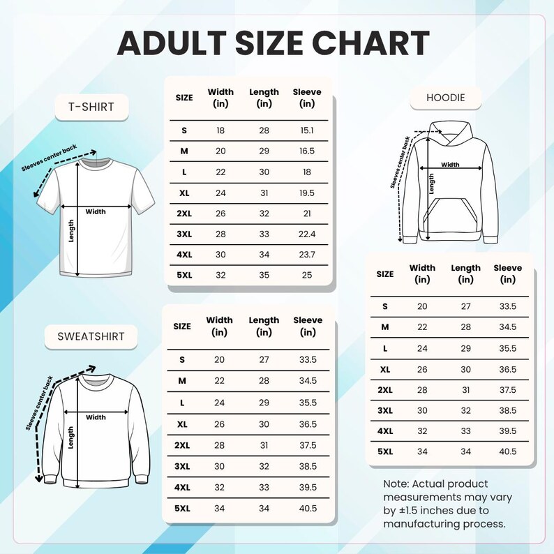 May include: Adult size chart for t-shirts, hoodies, and sweatshirts. Measurements in inches for width, length, and sleeve length are provided for each size, from S to 5XL. Includes diagrams of each garment.