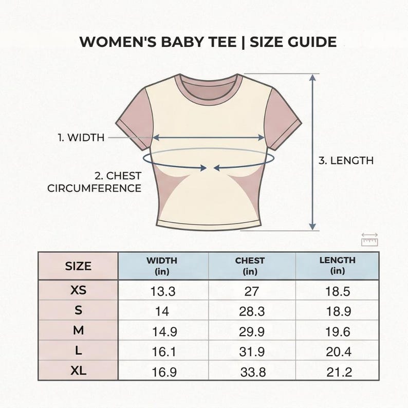 May include: A baby tee size guide with measurements in inches. The guide includes a diagram of the shirt with labeled dimensions for width, chest circumference, and length. Sizes range from XS to XL, with corresponding measurements.