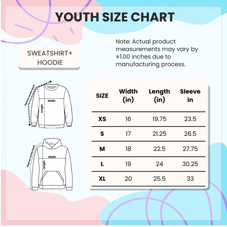 May include: A youth size chart for sweatshirts and hoodies. The chart includes measurements in inches for width, length, and sleeve length, ranging from XS to XL. The text "YOUTH SIZE CHART" is at the top.