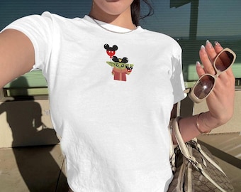 Embroidered Baby Yoda Mickey Balloon Baby Tee, Disney Crossover Retro T-shirt, Star Wars Fan Gift Sweatshirt, Theme Park Vacation Clothes