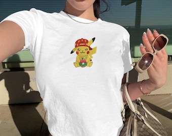 Embroidered Yellow Mouse Red Hat Baby Tee, Retro Gaming T-shirt, Vintage Kawaii Gamer Sweatshirt, Aesthetic 90s Style Poke Gift