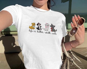 Embroidered The Aristocats Disney Cats Baby Tee, Retro Cartoon T-shirt, Vintage Cat Mom Sweatshirt, Disneyworld Trip Gift