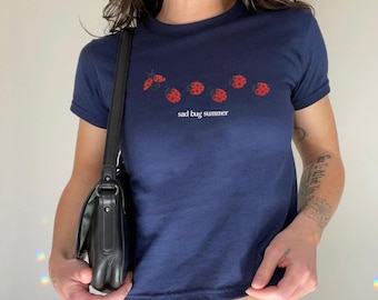 Embroidered Sad Bug Summer Ladybug Baby Tee, Retro Cottagecore T-shirt, Vintage Weird Girl Gift Sweatshirt, Quirky Insect Summer Outfit