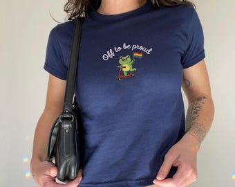 Embroidered Frog Riding Scooter Pride Flag Baby Tee, Vintage LGBTQ Rainbow T-shirt, Retro Frog Lover Sweatshirt, Pride Month Parade Gift