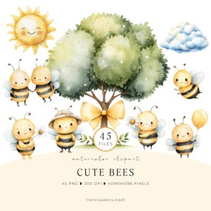 May include: A watercolour clipart set featuring cute bees, a smiling sun, a tree with a yellow bow, and a fluffy cloud. The image includes several adorable bees with accessories. The text reads "CUTE BEES".