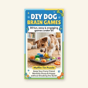 Peut inclure: Image promotionnelle pour des jeux de r&eacute;flexion pour chiens &agrave; faire soi-m&ecirc;me. L'image montre un chien jouant avec un puzzle de moule &agrave; muffins. Le texte comprend "DIY DOG BRAIN GAMES" et "Muffin Tin Puzzle."