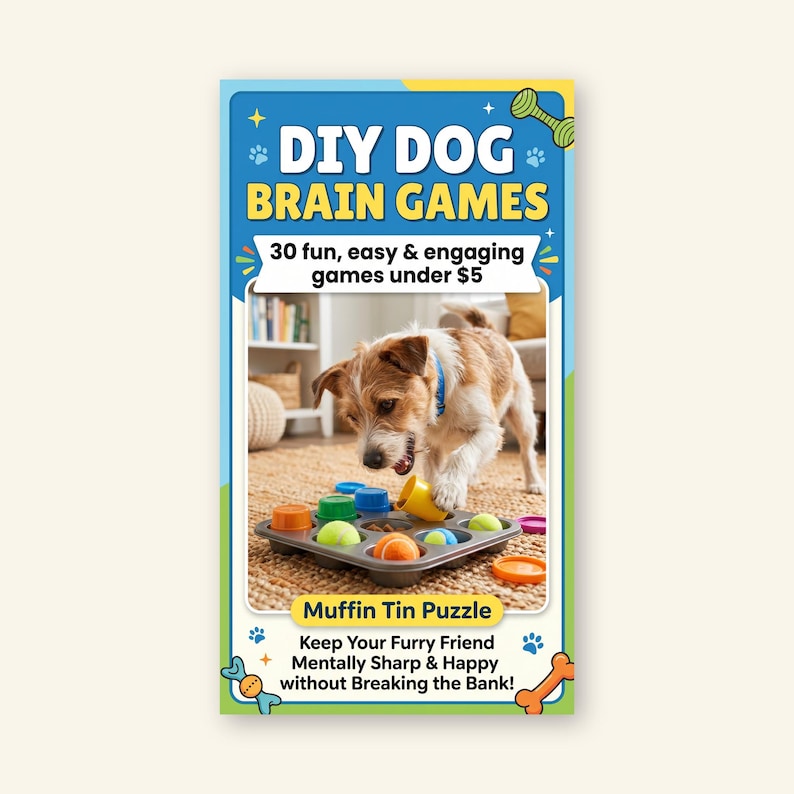 Peut inclure: Image promotionnelle pour des jeux de r&eacute;flexion pour chiens &agrave; faire soi-m&ecirc;me. L'image montre un chien jouant avec un puzzle de moule &agrave; muffins. Le texte comprend "DIY DOG BRAIN GAMES" et "Muffin Tin Puzzle."