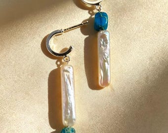 Orecchini pendenti con perle barocche, ideali per matrimoni in stile boho sulla spiaggia, con perle d'acqua dolce asimmetriche e diaspro blu, perfetti come regalo per damigella d'onore.