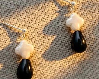 Orecchini a quadrifoglio, perla e agata ovale, portafortuna, regalo di nozze, orecchini vintage