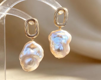 Orecchini pendenti con perle d'acqua dolce barocche, in oro 14 carati, a forma ovale intrecciato, gioielli da sposa.