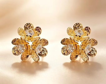 3D Layered Hammered Flower Stud Earrings,14K Gold Silver Plated Brilliant Diamond Multi Petal Floral S925 Post Elegant Bridal Women Jewelry