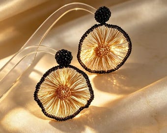 Hand Knit Dandelion Wire Drop Earrings,14K Gold Black Agate Handwoven S925 Post Boho Artisan Women Jewelry