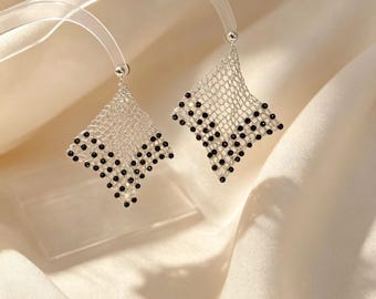 Foldable Shape Shift Fishing Net Mesh Earrings, Black Agate Flexible Copper Wire Dual Wear Silver Navy Coastal Handmade Jewelry