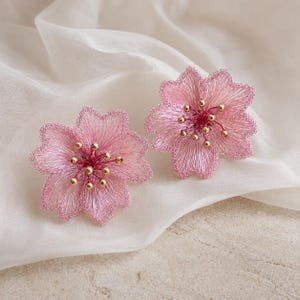 Pink Cherry Blossom Earrings, Handmade Wire Flower Studs, 925 Silver Post Statement Earrings, Sakura Jewelry, Floral Gift for Her