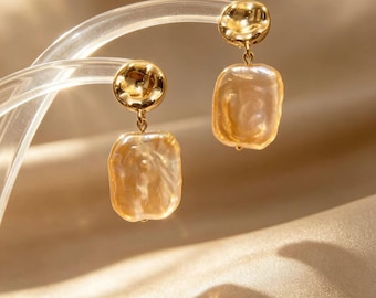 Orecchini pendenti con perle quadrate barocche, perni placcati in oro 14 carati, perle d'acqua dolce naturali, gioiello regalo per damigella d'onore
