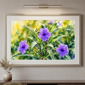 Peut inclure: Une peinture à l'aquarelle encadrée représentant trois fleurs violettes éclatantes avec un feuillage vert sur un fond lavé de jaune et de vert. L'œuvre est présentée dans un cadre clair avec un passe-partout blanc, portant la signature Lucas Greco Art.