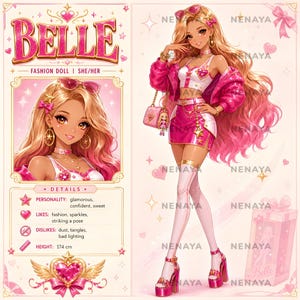 May include: A Belle fashion doll with long blonde hair, wearing a white crop top, a pink jacket, and a pink skirt. The doll features star-shaped earrings, a pink handbag, and platform heels. The packaging includes the text Belle, 174 cm height.