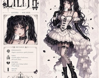 Può includere: Una scheda di riferimento del personaggio Lilith, con una figura dai capelli neri in un abito bianco e nero con corsetto, finiture in pizzo e gonna asimmetrica. L'immagine include un ritratto, dettagli sulla personalità e un'altezza di 165 cm.