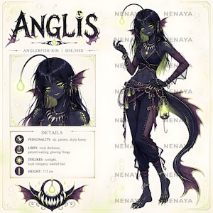 May include: A character reference sheet for Anglis, an anglerfish-kin with dark skin, yellow eyes, and a glowing lure. The illustration features a portrait and a full-body view, including details like personality, likes, dislikes, and a height of 173 cm.