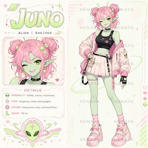 May include: A character reference sheet for Juno, an alien with green skin and pink hair in space buns. The character wears a black tank top, a light pink pleated skirt, a matching bomber jacket, and platform sneakers. Includes text details.