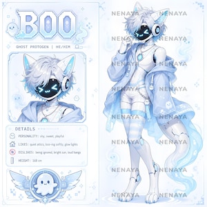 May include: A digital character reference sheet for a ghost-themed Protogen named Boo. The character has white hair, a black visor with a glowing blue face, and wears a light blue hoodie, shorts, and thigh-high socks. Includes text details.