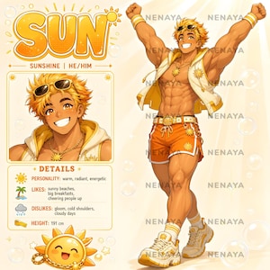 May include: A character reference sheet for a male figure named SUN, featuring a muscular individual with spiky yellow hair, wearing an open white hoodie, orange shorts, and sneakers. The sheet includes a portrait, full-body pose, and a sun icon.