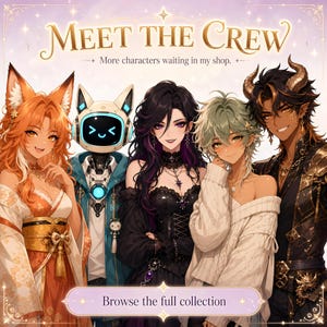 Group showcase titled Meet the Crew in gold lettering, subtitled More characters waiting in my shop. Five anime characters pose on a lilac background: a fox girl with long orange hair in a cream kimono with a gold obi, a robot with a glowing smiley screen face in a teal jacket, a gothic girl with black and purple hair in a lace corset dress, a sage-haired elf boy in a cream knit sweater, and a horned dragon boy in black and gold. A banner reads Browse the full collection.