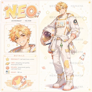Astronaut Anime OC Reference Sheet, Premade Male Adopt for Vtuber & Roleplay, Cute Space Boy Character Art Download