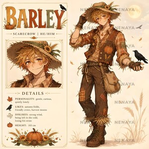 May include: A character reference sheet for a scarecrow named Barley, featuring a full-body illustration and a portrait. The character wears a straw hat, plaid shirt, brown vest with pumpkin patches, and trousers with straw accents, holding a black crow.