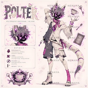 May include: A digital character reference sheet for a Poltergeist Protogen named Polter. The illustration features a robotic creature with purple glowing accents, wearing a white shirt, dark vest, and shorts, with a long segmented tail.
