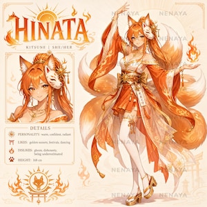 May include: A character reference sheet for Hinata, a kitsune with orange hair, fox ears, and multiple tails. The illustration features a full-body pose in an orange and white outfit, a portrait, and text details including the height of 168 cm.