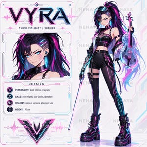Cyber Violinist Vtuber Concept Reference Adopt, Premade Anime Roleplay Character, Neon Musician OC Reference Sheet