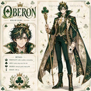 May include: A character sheet for Oberon, King of Clubs, featuring a dark-haired figure in a green and gold royal outfit with a crown and scepter. The design includes a portrait, full-body illustration, and text details listing a height of 189 cm.