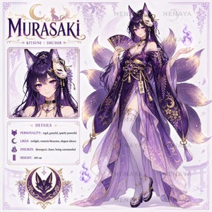 May include: A character reference sheet for Murasaki, a kitsune with purple hair, fox ears, and multiple tails. The character wears a purple and gold kimono with wisteria patterns, a white fox mask, and holds a folding fan. Includes text details.