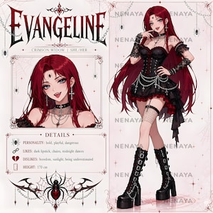 Może przedstawiać: Karta postaci Evangeline, Crimson Widow, zawierająca portret i ilustrację całej sylwetki. Postać ma długie czerwone włosy, kły i nosi czarną sukienkę gorsetową z łańcuchami, kabaretkami i butami na platformie. Tekst zawiera 170 cm.