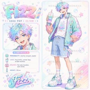 May include: A character reference sheet featuring a person with pastel rainbow hair, wearing a light blue jacket, white graphic t-shirt, and light blue shorts. The sheet includes text labels like FIZZ, SODA POP, HE/HIM, and details like personality, likes, dislikes, and a height of 178 cm.