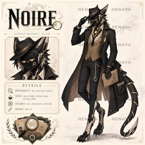 Könnte beinhalten: Eine digitale Charakterillustration mit dem Titel NOIRE, die einen Detektiv-Protogen mit schwarzem Visier, Fedora, Trenchcoat und Weste zeigt. Die Figur hat einen langen, segmentierten Schwanz, hält eine Akte und wird mit einer Körpergröße von 186 cm dargestellt.
