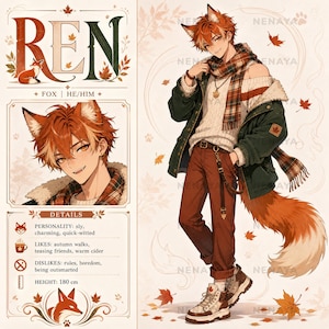 May include: A character reference sheet for Ren, a fox-themed individual with orange hair and ears. The illustration features a portrait and a full-body view wearing a white sweater, dark green jacket, plaid scarf, and brown pants, with a large fox tail.
