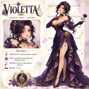 Op de afbeelding: Een karakterreferentieblad voor Violetta, met een volledige illustratie van een persoon in een donkerpaarse japon met gouden borduursels, een portret en tekstdetails waaronder persoonlijkheid, voorkeuren, afkeer en een lengte van 173 cm.