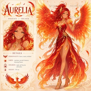 Phoenix Anime Adopterbar & Vtuber Konceptreferens, Mytisk Fantasy OC för Bokkaraktär, DnD, Rollspel, Färdigt Referensblad