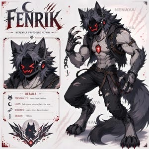 May include: A character reference sheet for Fenrik, a werewolf protogen. The illustration features a grey-furred creature with a digital visor displaying a red glowing face, wearing a dark vest, distressed pants, and a red gemstone pendant.
